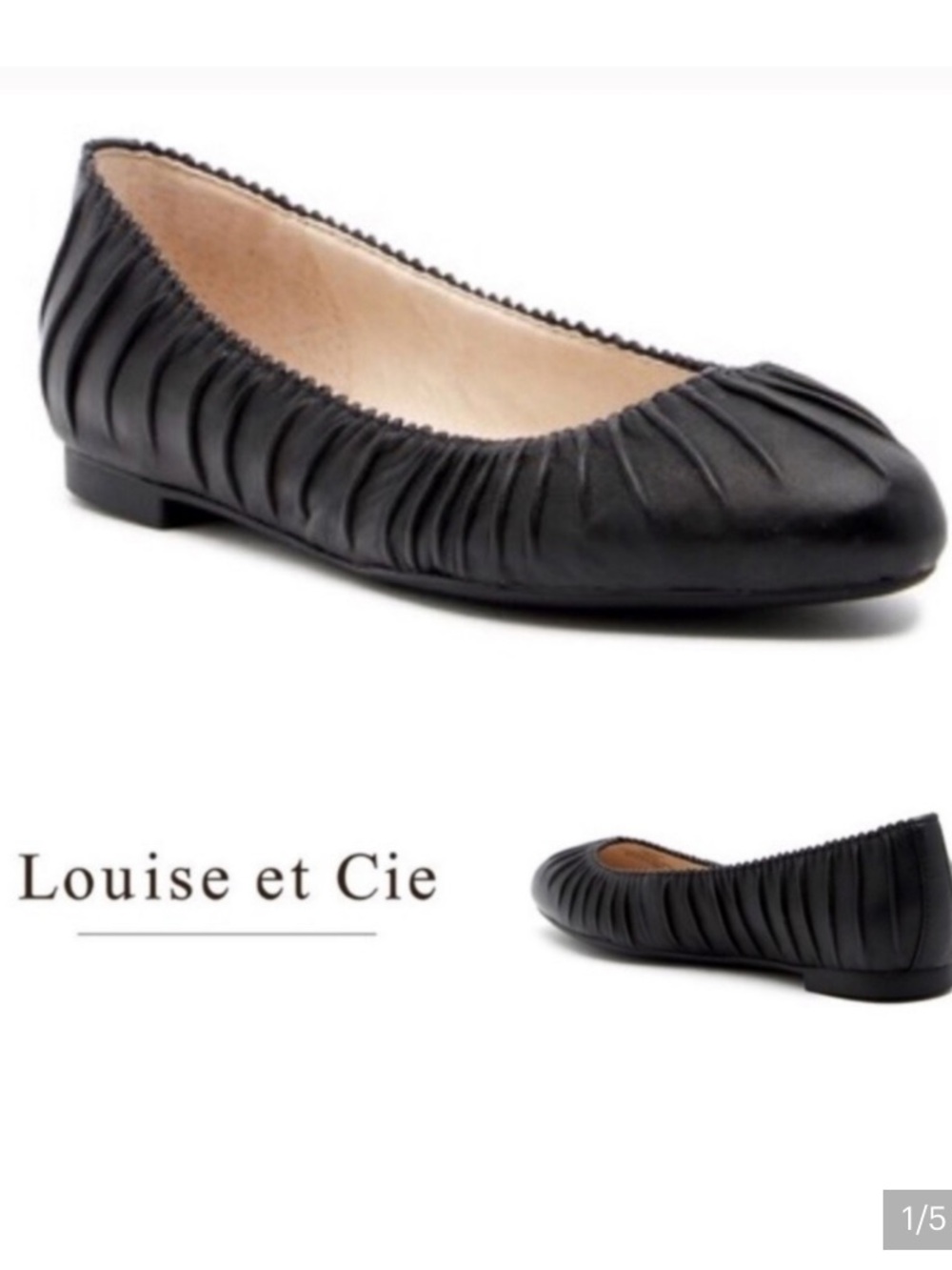 Louise et Cie 'Ashlin' black leather ballet flats ruched, pointed-toe, size 10.5